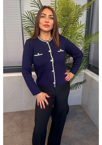 Burgu Şeritli Özel Işleme Düğmeli Lacivert Hırka fiyatları