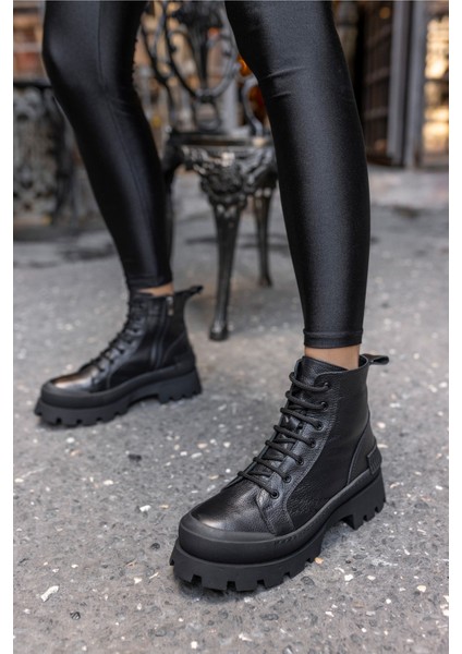 Teric Kadın Siyah Gercek Deri Bot
