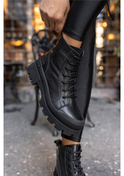 Teric Kadın Siyah Gercek Deri Bot