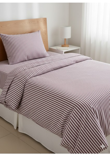 | Mürdüm Çizgili %80 Pamuk Saten Tek Kişilik Nevresim Takımı | 82 Tel Yollu Nevresim, Lastikli Çarşaf