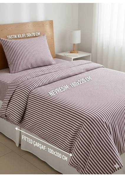| Mürdüm Çizgili %80 Pamuk Saten Tek Kişilik Nevresim Takımı | 82 Tel Yollu Nevresim, Lastikli Çarşaf modelleri