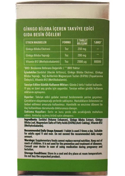 Ginkgo Biloba ve B12 Içeren Takviye 1100 Mg 60 Tablet