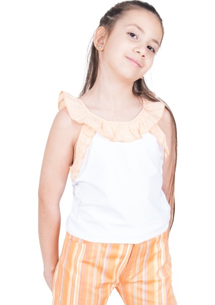 %100 Pamuk Fırfırlı Turuncu Volanlı Yazlık Kız Çocuk Bluz