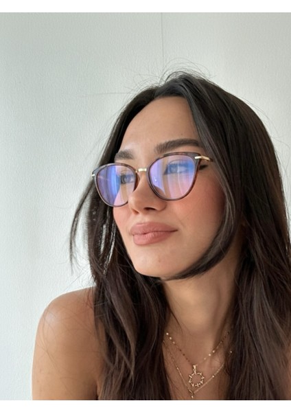 Hermes Gold Metal Leopar Desenli Cat Eye Mavi Işık Korumalı Gözlük