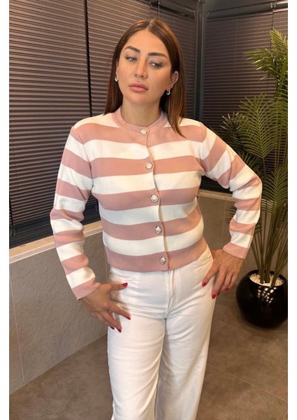 Çizgi Detaylı Gümüş Düğmeli Pembe Hırka fiyatları