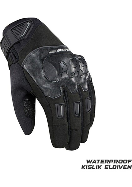 Motosiklet Kışlık Eldiven Waterproof Oxford ve Deri Kumaş Premium Motor Korumalı Eldiveni Black