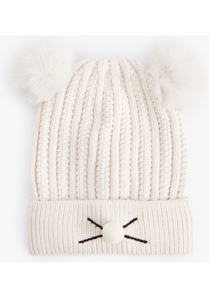 Ponpon Detaylı Kedi Figürlü Triko Bere