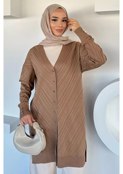 Desenli Ön Düğmeli Tesettür Triko Hırka (M-L-Xl Uyumludur) P-00018882