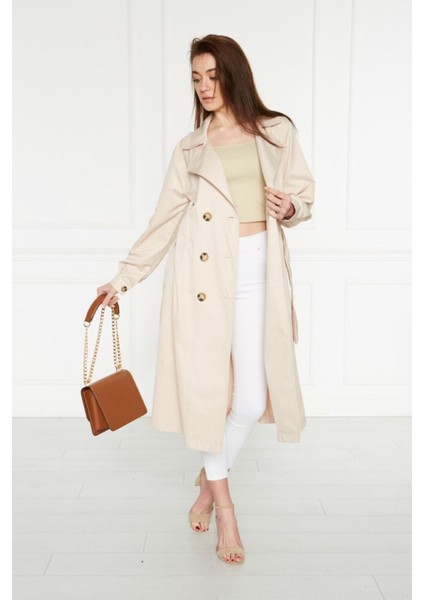 Kadın Düğmeli Kuşaklı Trençkot Uzun Kol Basic Tasarım 100% Polyester Bej