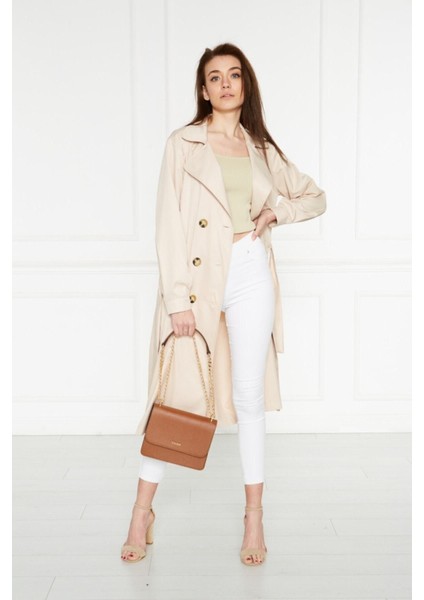 Kadın Düğmeli Kuşaklı Trençkot Uzun Kol Basic Tasarım 100% Polyester Bej fiyatları