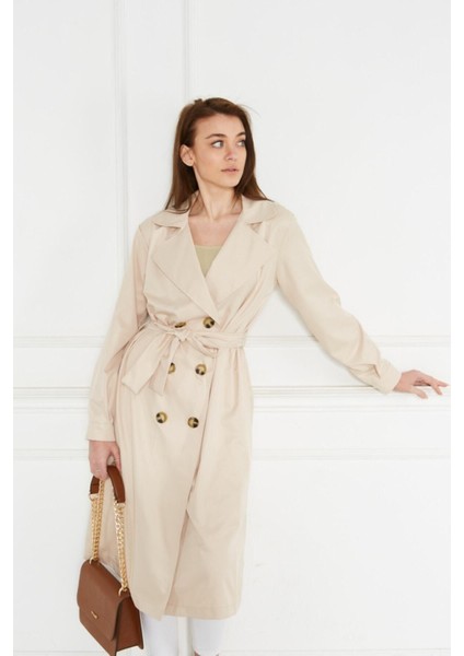 Kadın Düğmeli Kuşaklı Trençkot Uzun Kol Basic Tasarım 100% Polyester Bej modelleri