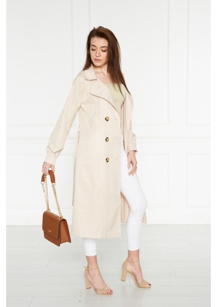 Kadın Düğmeli Kuşaklı Trençkot Uzun Kol Basic Tasarım 100% Polyester Bej fırsatları