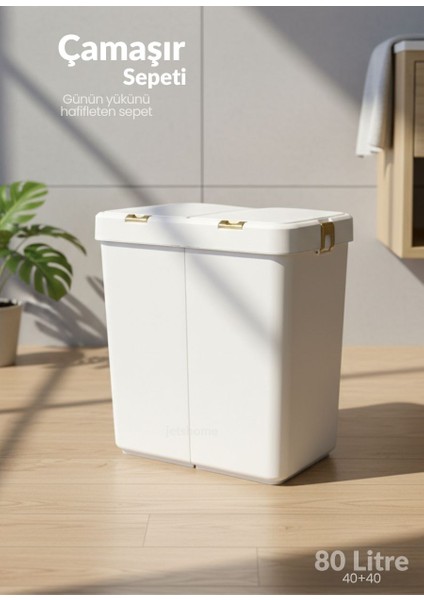 Gold-Beyaz İkili Dokunmatik Çamaşır Sepeti Temizlik Kovası Kirli Sepeti 80 L