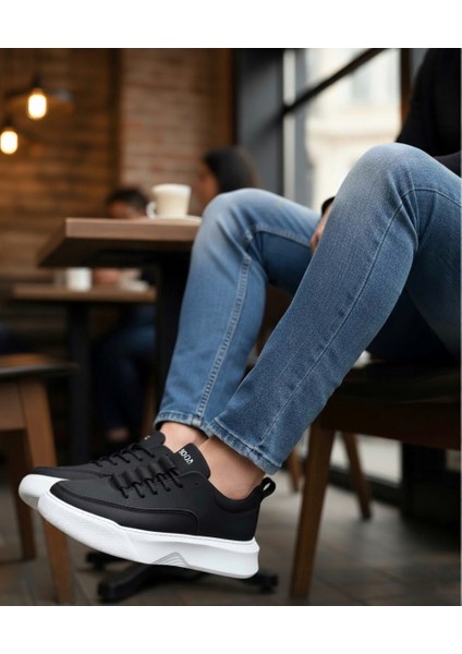 ET0332 Merdiven Desen Bağcıklı Erkek Yüksek Taban Siyah Cilt Beyaz Taban Spor Ayakkabı indirimleri