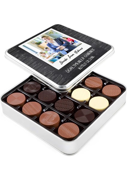 Fotoğraflı Isimli Öğretmenler Günü Hediyesi 64 Adet Yuvarlak Madlen Çikolata (Metal Kutu)