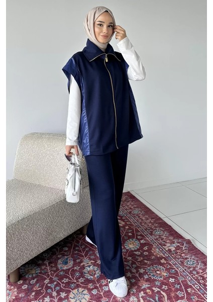 Gold Fermuarlı Garnili Yelek Bel Lastikli Pantolon Tesettür Ikili Takım P-00018916