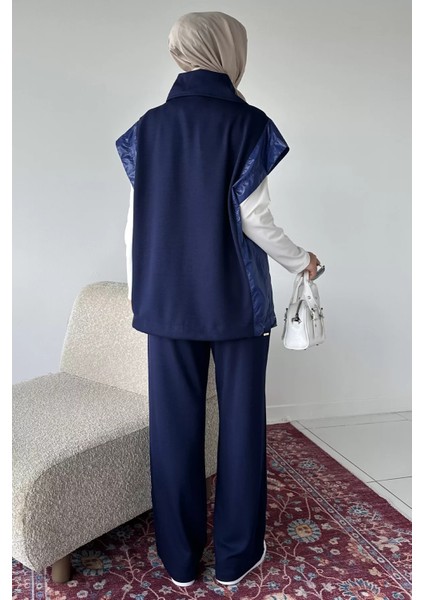 Gold Fermuarlı Garnili Yelek Bel Lastikli Pantolon Tesettür Ikili Takım P-00018916 modelleri