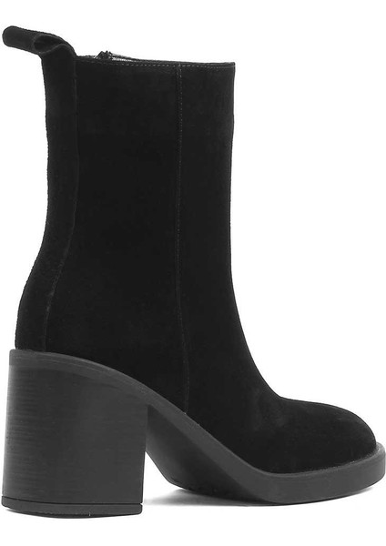 Kadın Siyah Kalın Topuklu Süet Deri Bot