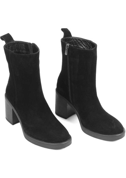 Kadın Siyah Kalın Topuklu Süet Deri Bot
