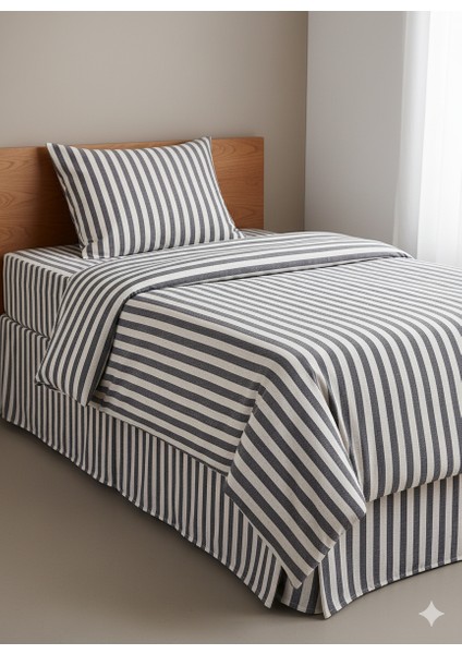 | Koyu Gri Çizgili %80 Pamuk Saten Tek Kişilik Nevresim Takımı | 82 Tel Yollu Nevresim, Lastikli Çarşaf