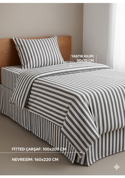 | Koyu Gri Çizgili %80 Pamuk Saten Tek Kişilik Nevresim Takımı | 82 Tel Yollu Nevresim, Lastikli Çarşaf fiyatları