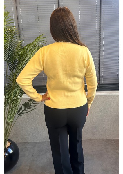 Burgu Şeritli Özel Işleme Düğmeli Sarı Hırka fırsatları