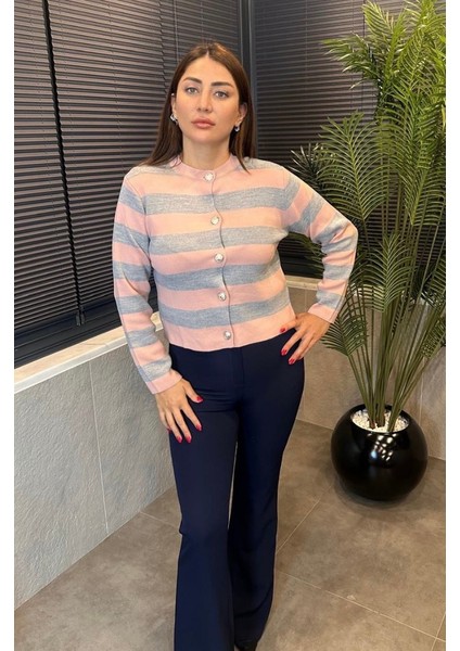 Pembe&gri Çizgi Detaylı Hırka