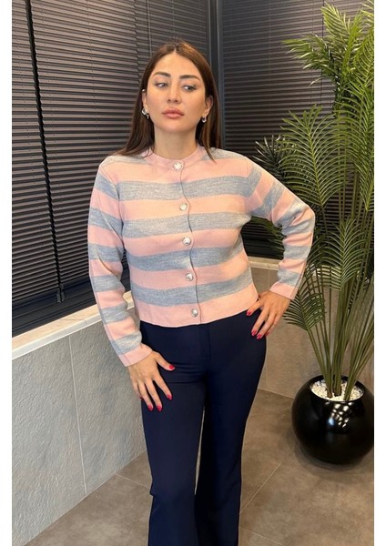 Pembe&gri Çizgi Detaylı Hırka modelleri