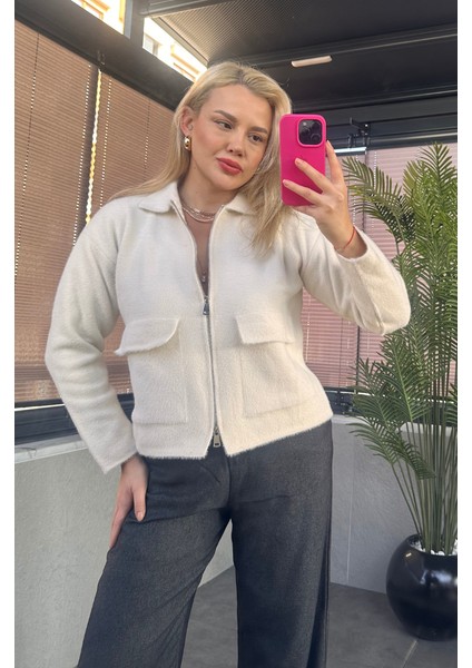 Ekru Fermuarlı Cep Detaylı Sakallı Hırka fiyatları