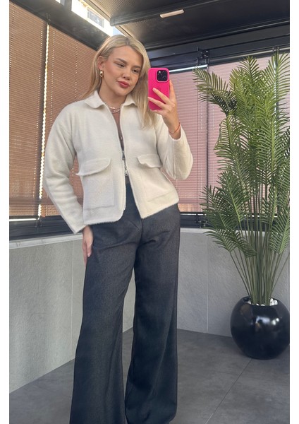 Ekru Fermuarlı Cep Detaylı Sakallı Hırka modelleri