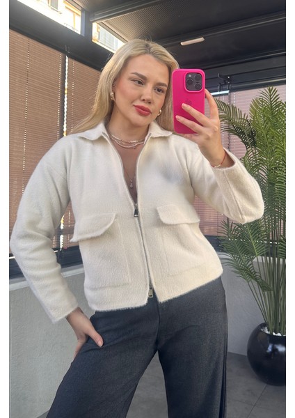 Ekru Fermuarlı Cep Detaylı Sakallı Hırka fırsatları