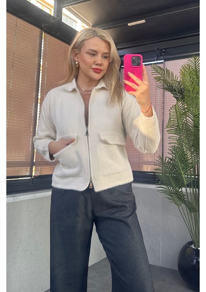 Ekru Fermuarlı Cep Detaylı Sakallı Hırka indirimleri