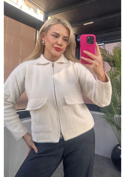 Ekru Fermuarlı Cep Detaylı Sakallı Hırka