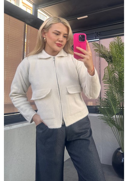 Ekru Fermuarlı Cep Detaylı Sakallı Hırka