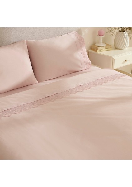 Teora %100 Pamuk Dantelli Çift Kişilik Nevresım Takımı Pudra fırsatları