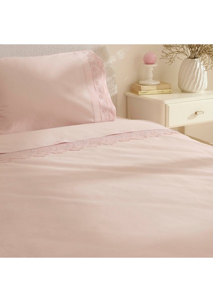Teora %100 Pamuk Dantelli Çift Kişilik Nevresım Takımı Pudra indirimleri