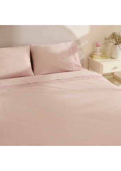 Teora %100 Pamuk Dantelli Çift Kişilik Nevresım Takımı Pudra