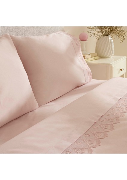 Teora %100 Pamuk Dantelli Çift Kişilik Nevresım Takımı Pudra