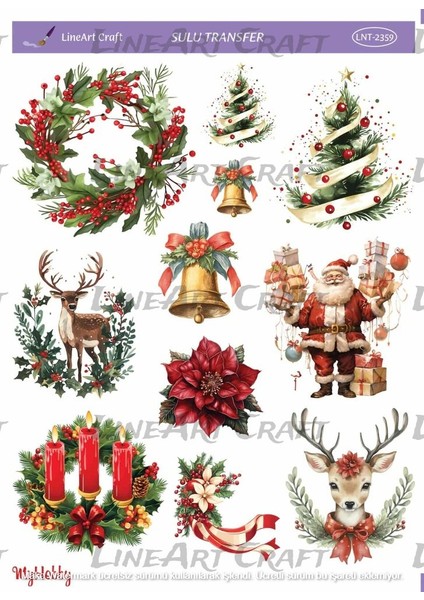 ST2359 Yeniyıl Serisi, Geyik, Noel Baba, Çamağacı Desenli Açık Zemin Sulu Transfer 25*35 cm