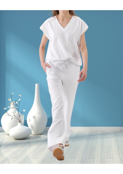 Minervaxint Kadın Oversize Yanlar Dokulu ve Yan Cepli Beli Bağcıklı Esnek Pamuklu Sweat Pantolon fırsatları