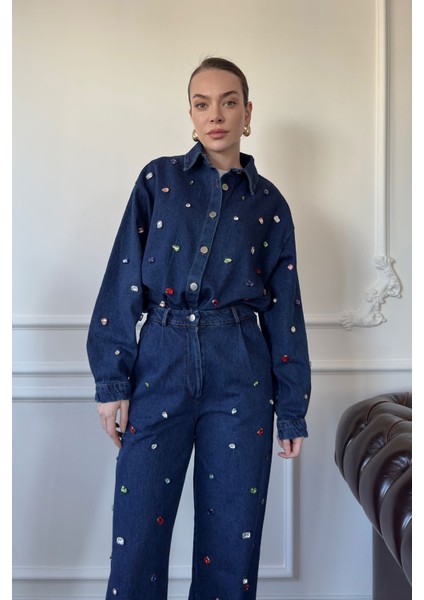 Taş Işlemeli Premium Gömlek- Mavi