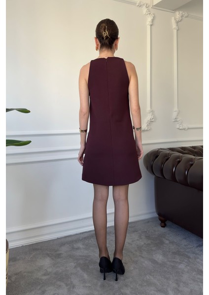 Sıfır Kol Tasarım Mini Elbise- Bordo