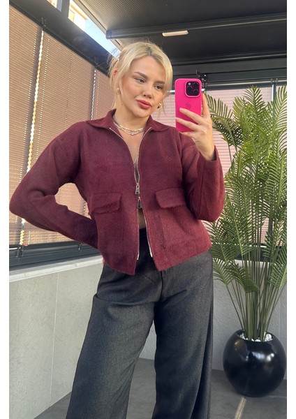 Bordo Fermuarlı Cep Detaylı Sakallı Hırka