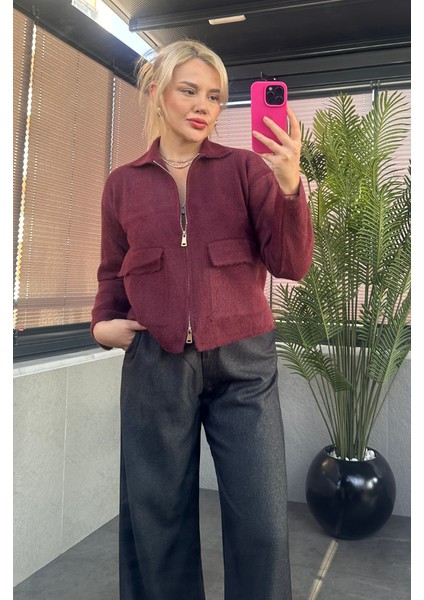 Bordo Fermuarlı Cep Detaylı Sakallı Hırka fiyatları