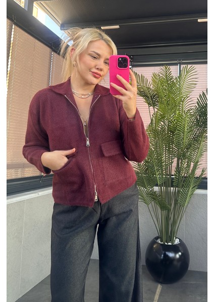 Bordo Fermuarlı Cep Detaylı Sakallı Hırka modelleri