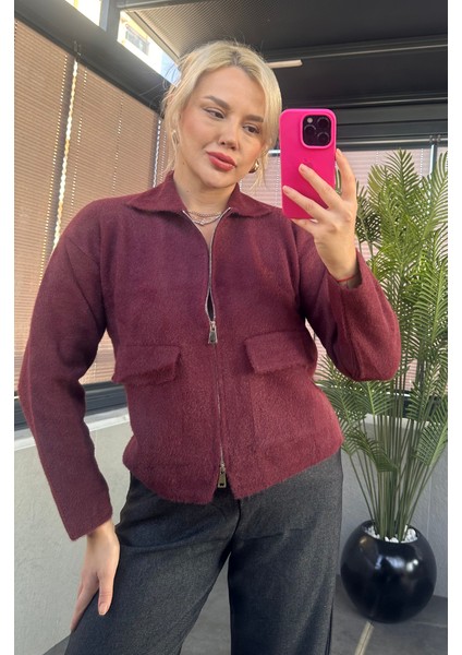 Bordo Fermuarlı Cep Detaylı Sakallı Hırka fırsatları