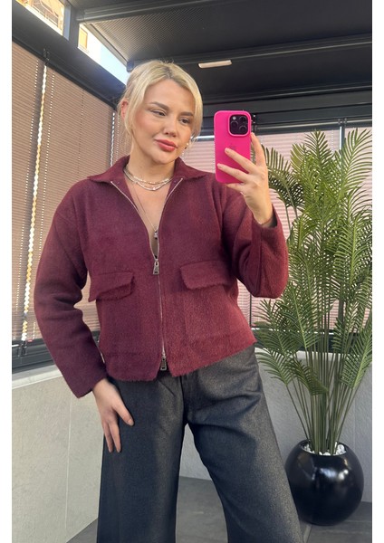 Bordo Fermuarlı Cep Detaylı Sakallı Hırka indirimleri