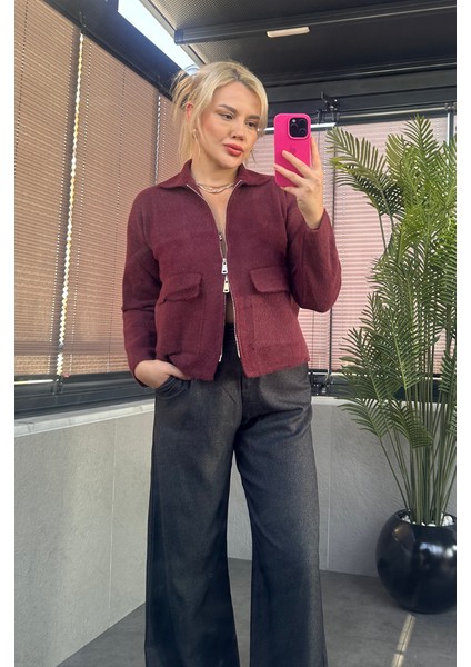 Bordo Fermuarlı Cep Detaylı Sakallı Hırka