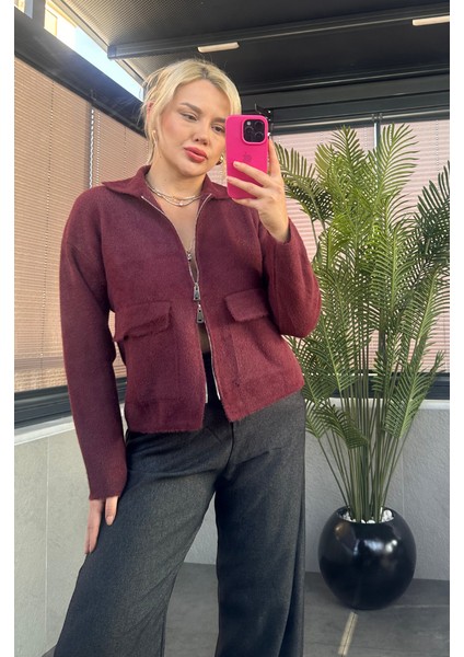 Bordo Fermuarlı Cep Detaylı Sakallı Hırka