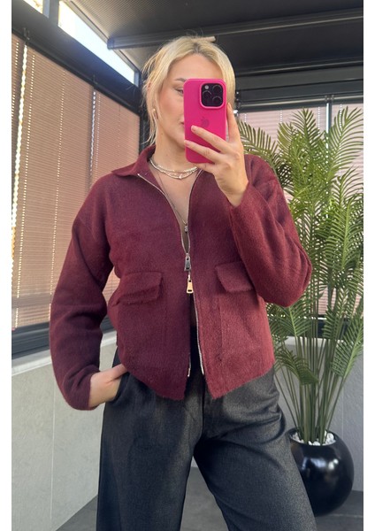 Bordo Fermuarlı Cep Detaylı Sakallı Hırka